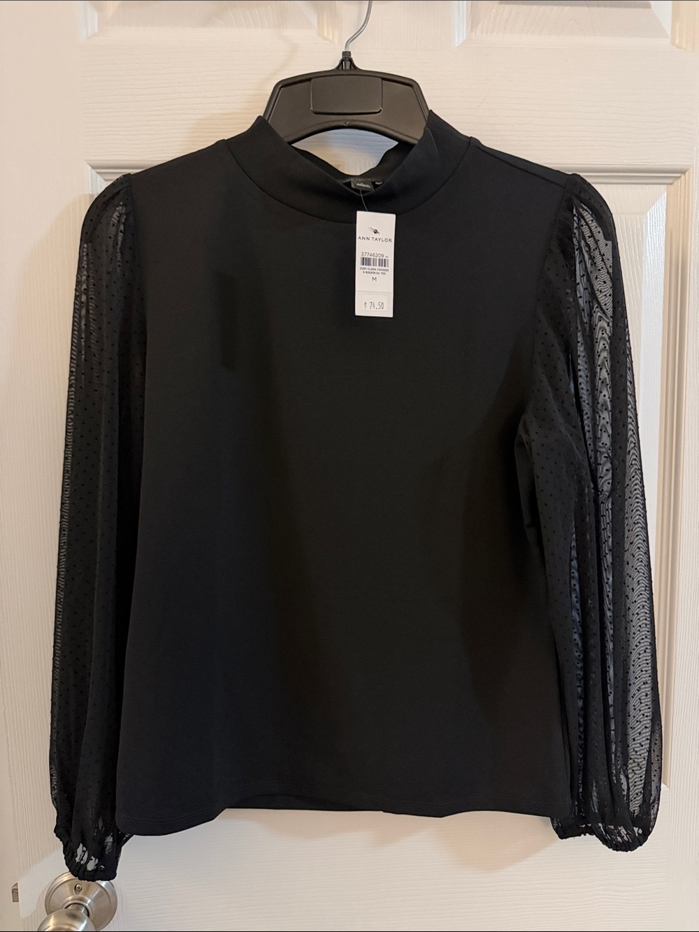 Ann Taylor Black Mock Neck Blouse with Sheer Dot Sleeves